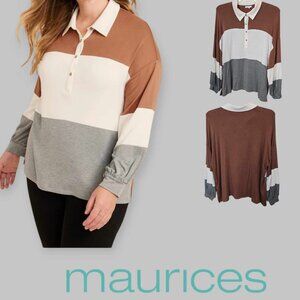 MAURICES Plus Size Rugby Colorblock Henley Long Sleeve Straight Hem 2X